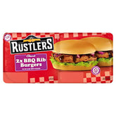 Packaging of Rustlers Classic 2x BBQ Rib Burgers With BBQ Sauce (244g) by Rustlers, featuring two beef burgers with lettuce, BBQ sauce, and a bun on a red checkered background.